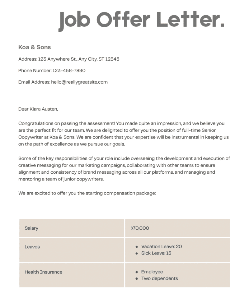 Free Job Offer Letter Template